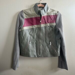 Vintage Pandemonium Leather Motorcycle Assymetrical Striped Jacket Pink medium